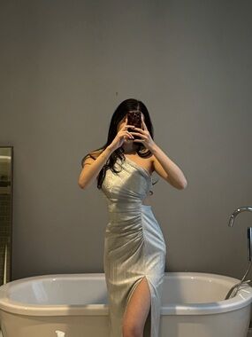 Aidan Mattox Silver One-Shoulder Metallic Evening Dress